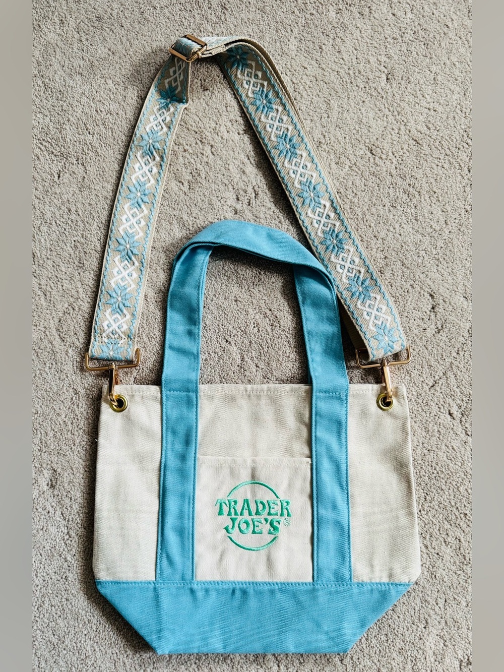 Trader Joe's Cream and Light Blue Canvas Tote with Embroidered Strap